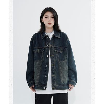 Vintage Washed Denim Jacket Women's Spring Autumn POLO Cardigan Tops Jacket
