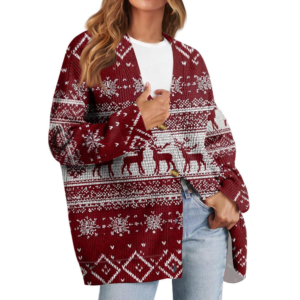 Dámský módní kardigan s dlouhým rukávem, vánočním potiskem, výstřihem do V a knoflíky, volný top