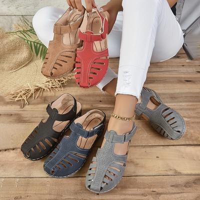Women's Solid Color Trendy Sandals, Closed Toe Platform Slingback Retro Shoes, Versatile Summer Low Wedge Shoes