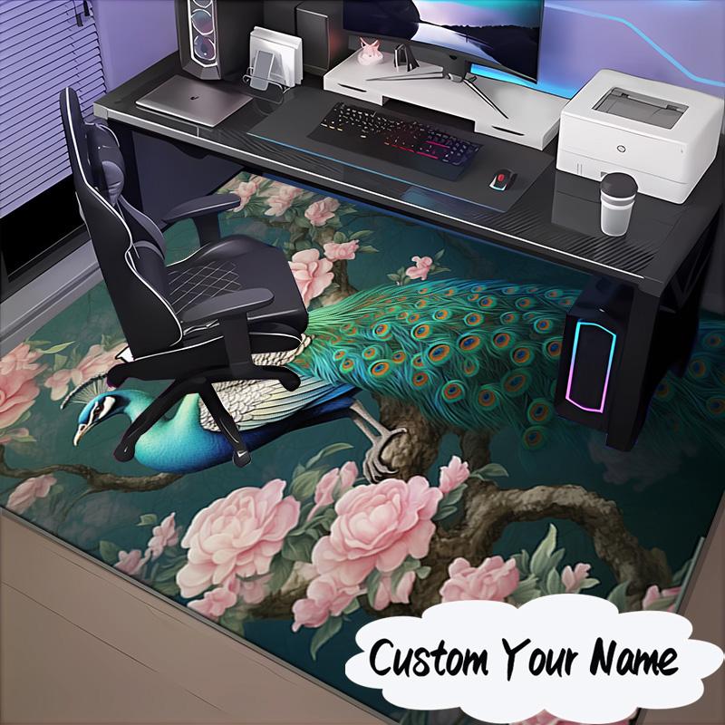 Custom Name Peacock Flowers Romance Rug for Living Room, Game Rooms, Office, Bedroom, Floor Mat Playful Design, Fan Gifts Christmas Decor