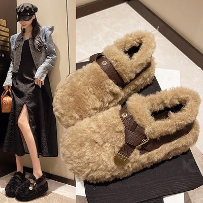 Fashion Women's Fleece Lined Warm Round Toe Sheepskin Outerwear Cotton Shoes Winter New Style Fashionable Plush Single Shoes