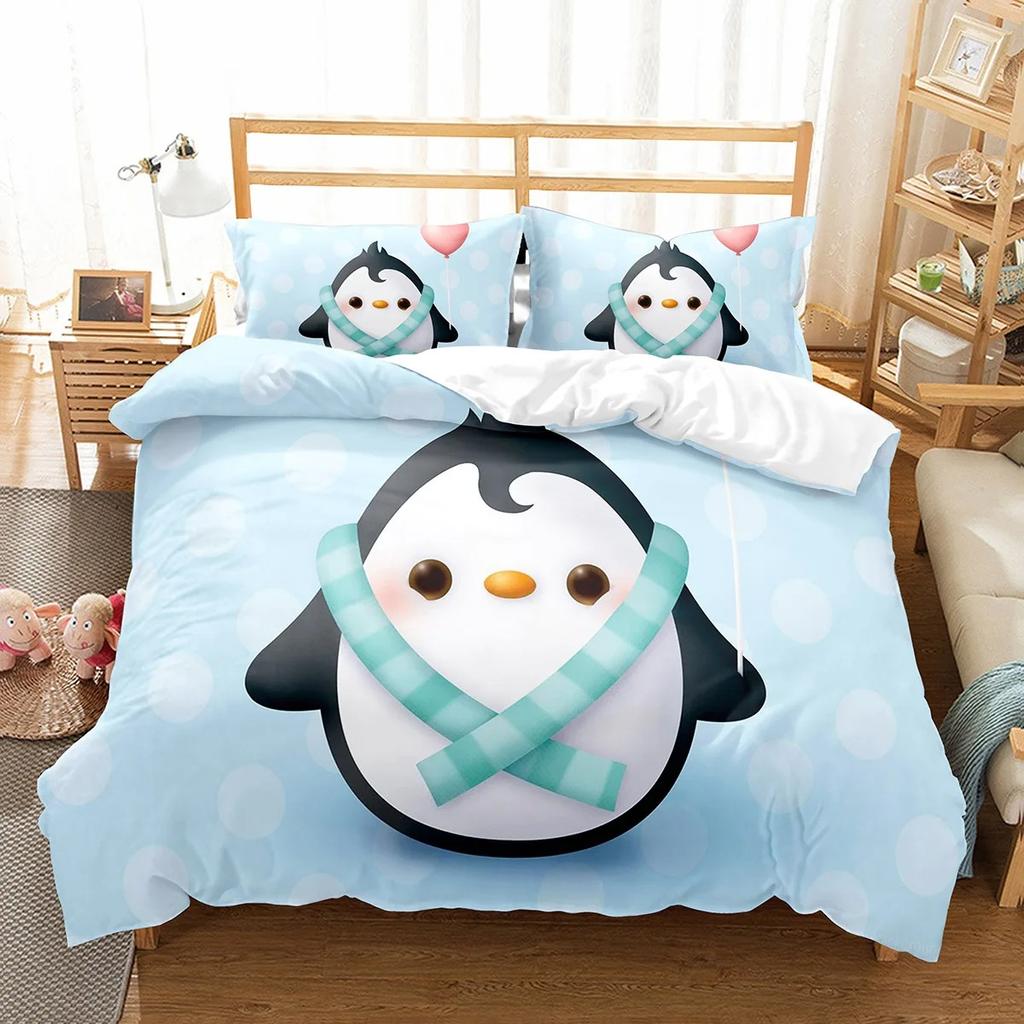 Cute Penguin Pattern Duvet Cover Set Cute Kawaii Animals For Boys Girls Bedroom Decor Polyester Comforter Cover King Queen Size