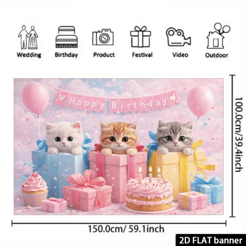 2D Cute Kitten Happy Birthday Backdrop Pink Balloon Photography Background