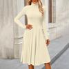 Vestido Midi Casual de Moda Feminina com Gola Alta e Mangas Longas em Cor