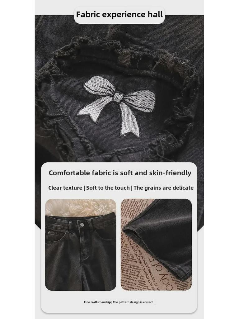 Damen High-Waist Schwarze Love Schleife Bestickte Jeans - Neuer Frühling/Herbst Stil mit Geradem, Lockerem Weitem Bein