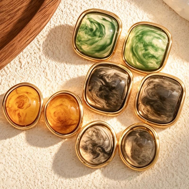 Exaggerated Gradient Retro Luxury Geometric Resin Hoop Earrings Stainless Steel Stud Earrings For Women