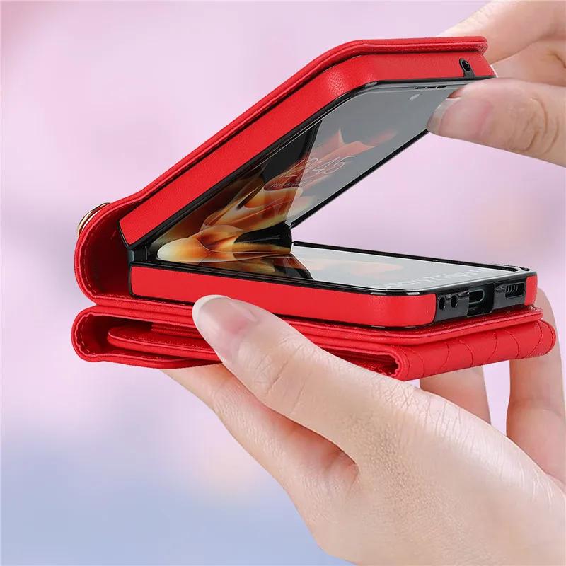 Lanyard Leather Wallet Card Phone Case for Samsung Galaxy Z Flip 7 6 5 4 3 Flip6 Flip5 Flip4 Flip3 Crossbody Ring Holder Cover