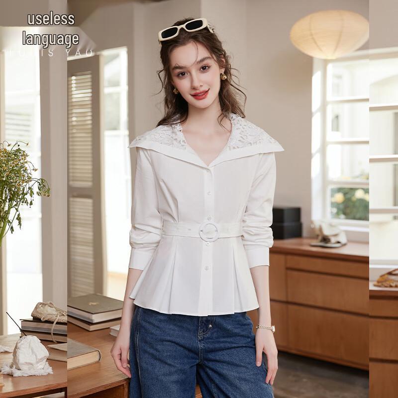 

Women s Detachable Belt Hollow-Out Lapel Tencel Blend Shirt L