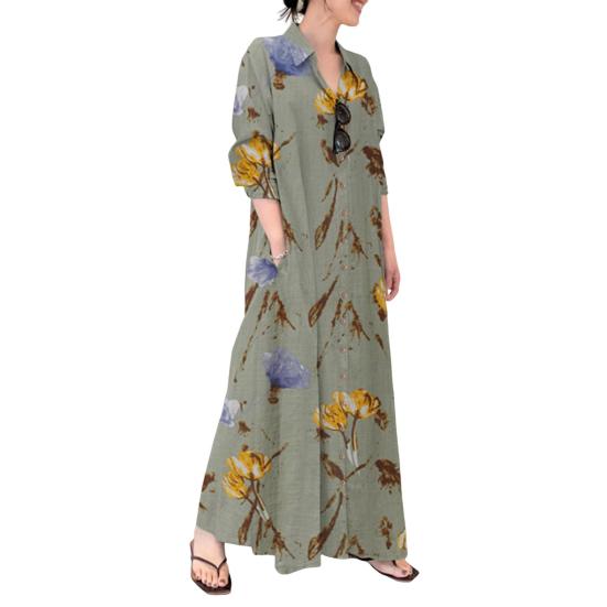 

Женское платье макси с цветочным принтом, застегивающееся на пуговицы, с длинным рукавом, платье-рубашка, отворот с V-образным вырезом, свободное платье с карманами S