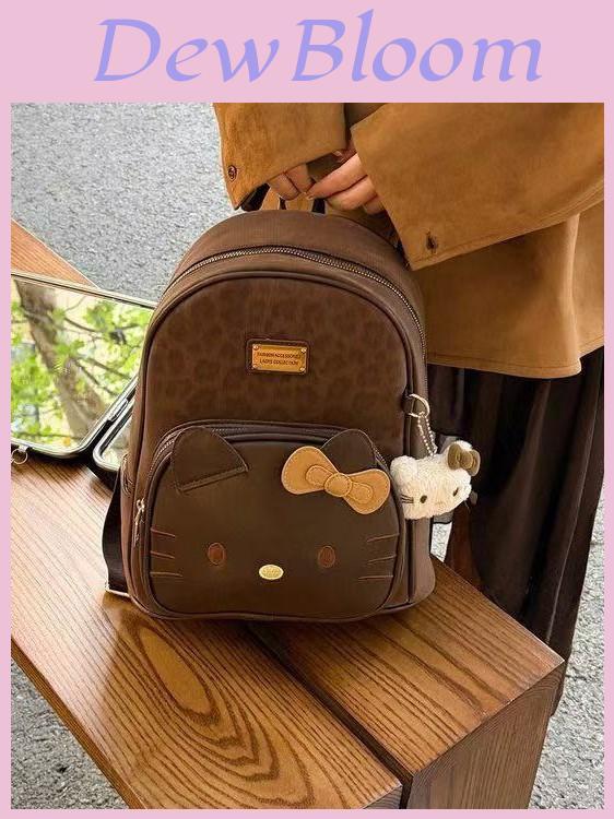 Hello Kitty Cartoon Leopard Print Pu Backpack With Padded Straps For Casual Day Use
