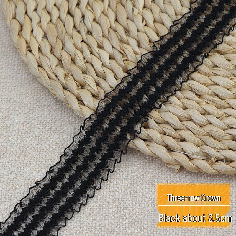 Elastic Black & White Floral Lace Trim with Fringed Hem - Soft Ruffled Ribbon for DIY.