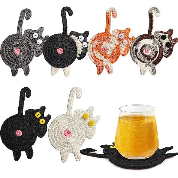Cute Cat Cup Coasters, Gifts for Cats Lovers, Cat Coaster Woven Creative Knitted Coasters Funny Drink Insulation Coffee and Tea Coaster Table