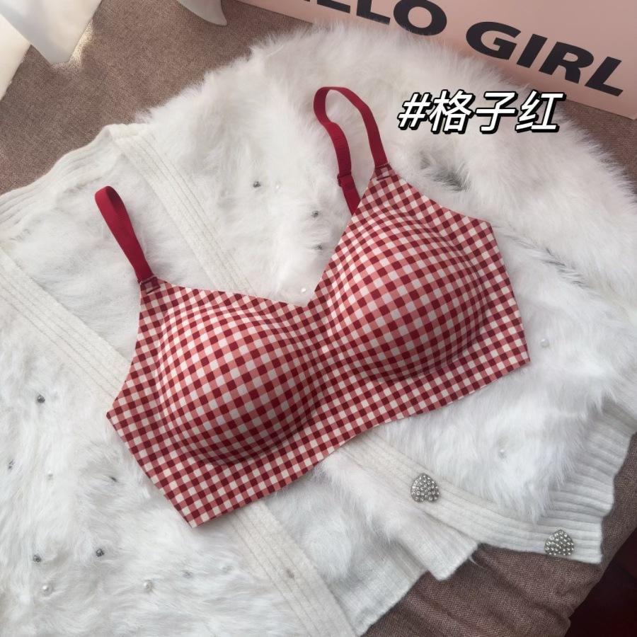 Pastoral Floral Red Plaid Underwear Women's Small Breasts Gather Without Traces and Steel Rings, Wedding Festive Natal Year Bra