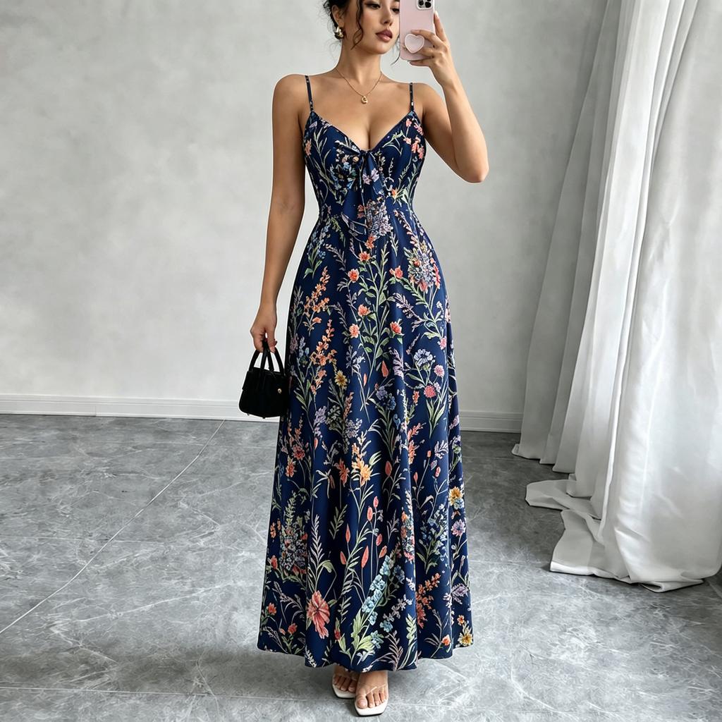 Women's Colorful Floral Print V-Neck Spaghetti Strap Dress