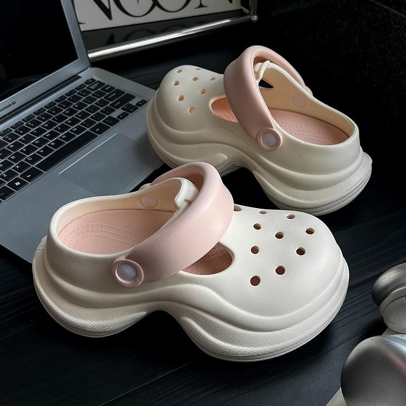 Thick-soled hole shoes women's 2025 new summer outer wear wedding dress artifact heightened heel non-slip sand sandals slippers