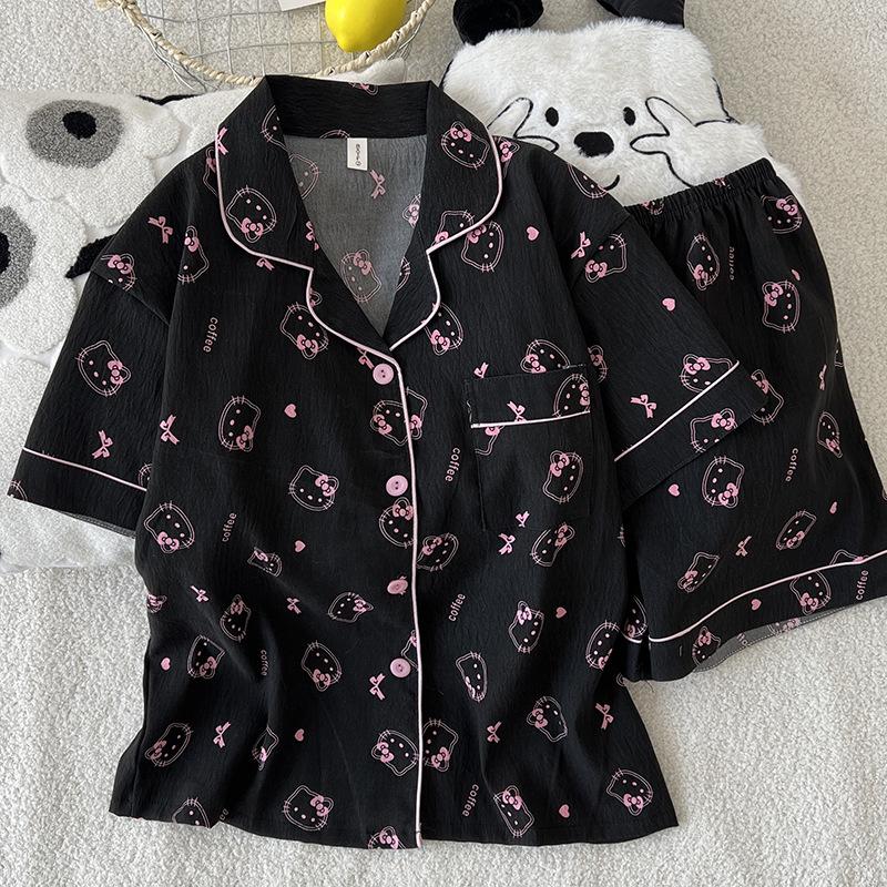 Korean Style Women's Summer Cartoon Pajama Set - Short Sleeve Cardigan with Shorts, Cloud Cotton Lapel