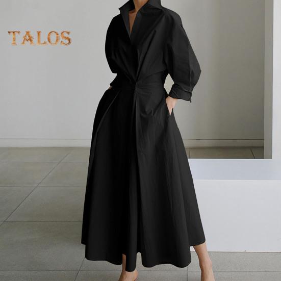 Dámské šaty s dlouhým rukávem na knoflíky, ležérní áčkové midi šaty, volného střihu, s klopovým límcem, dlouhé šaty do kanceláře, na večírky a na pláž