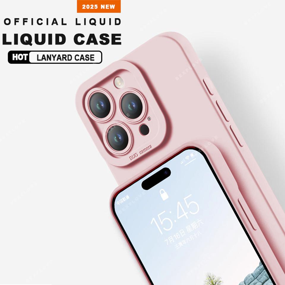 Lanyard Phone Case For iPhone 16E 16 14 15 Plus 12 13 Mini 11 16 Pro X XR XS Max SE Liquid Silicone Strap Protector Soft Cover