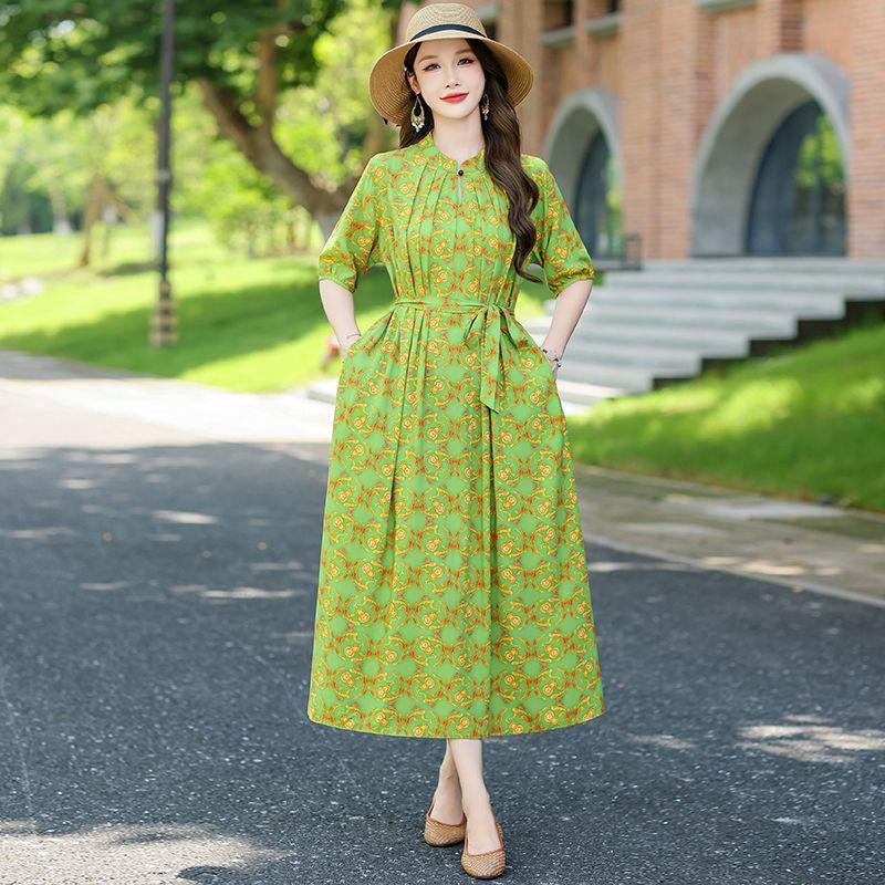 Kwiatowa Sukienka Midi Plus Size z Bawełny i Jedwabiu na Lato - Elegancki Chiński Styl