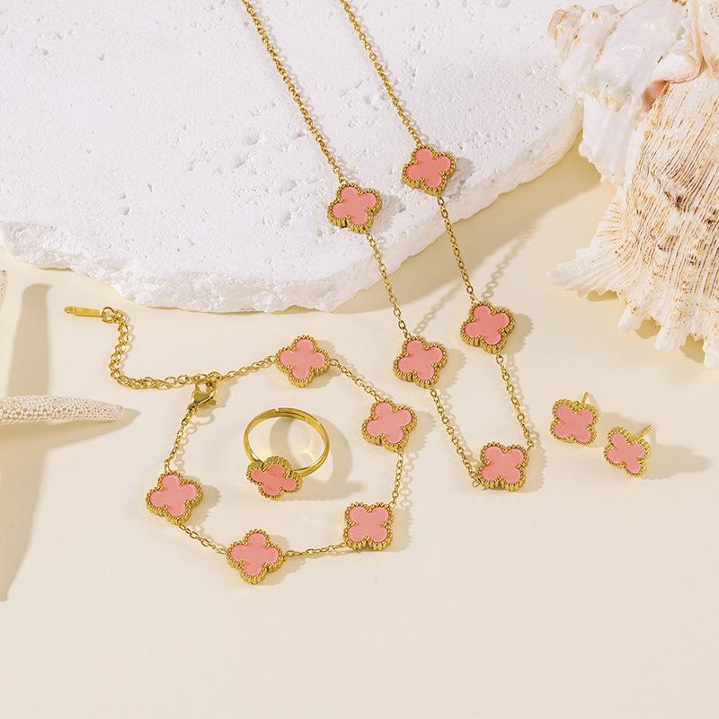 4pcs Four-Leaf Clover Four-Piece Set Including Necklace, Bracelet, Earrings and Ring, Versatile Lucky Five-Petal Fashion Jewelry