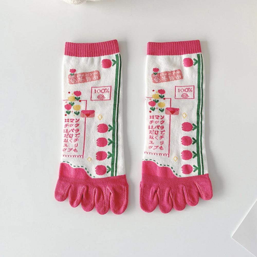 Cotton Five Fingers Women Socks Cartoon Medium Tube Socks Kawaii Split Toe Socks  For Yoga Sports