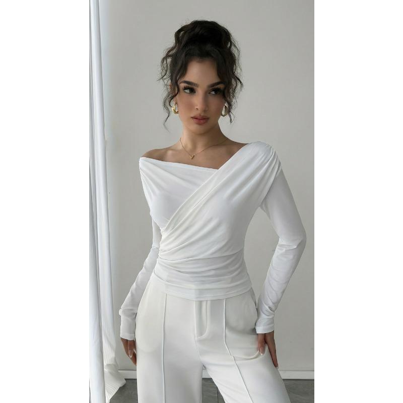 2025 Autumn Winter New Solid Color Fashion Off-shoulder Collar Slim Long Sleeves Versatile Commuter Top