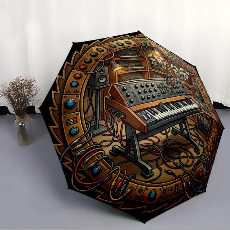 Synthwave Retro Music Room Pattern Umbrella, Portable and Foldable Design, 8 Ribs, a Casual Accessory for Halloween, Christmas, and Birthday Gifts.