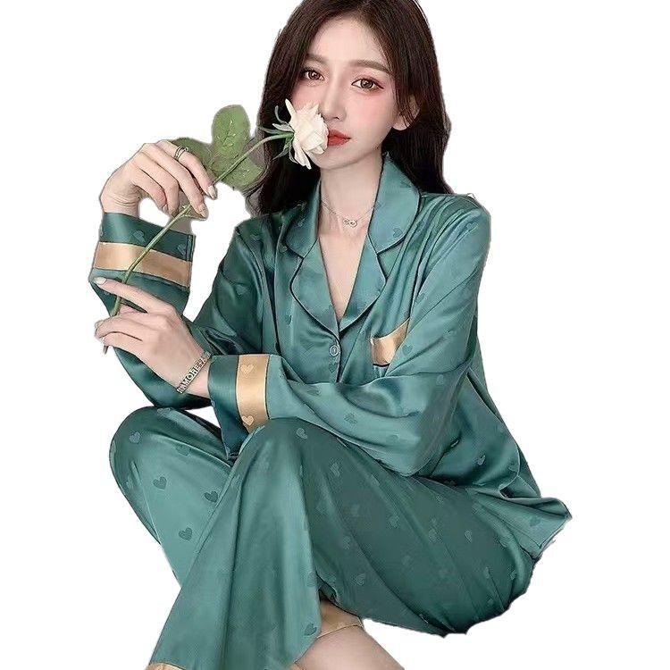 Ice Silk Women's Pajama Set - Thin Long Sleeve Top & Pants for Spring/Autumn.