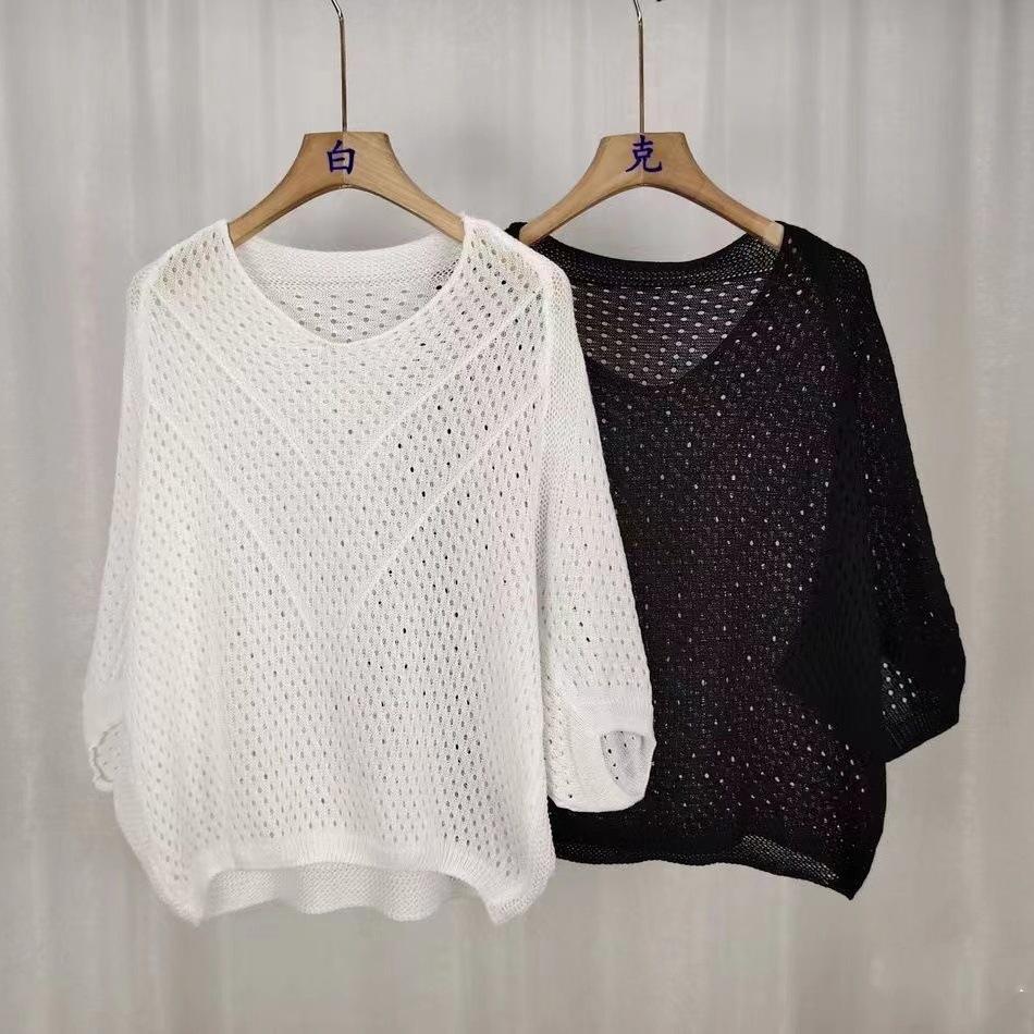 Summer V-neck seven-point bat-sleeved hollow blouse women's TK popular loose and thin outer top knitted sweater