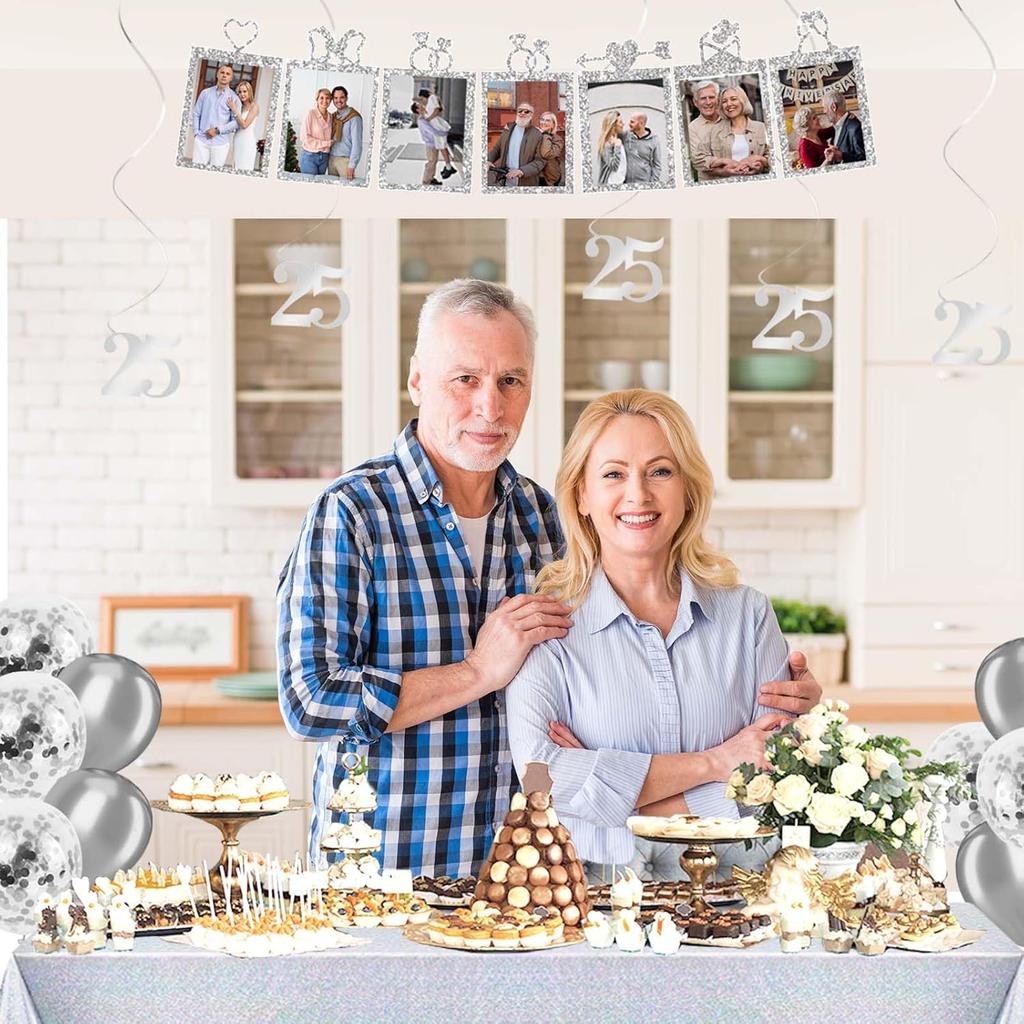 25th Anniversary Decorations, Silver 25th Wedding Anniversary Party Decorations, 25 Year Anniversary Decor, Happy 25th Anniversary Backdrop