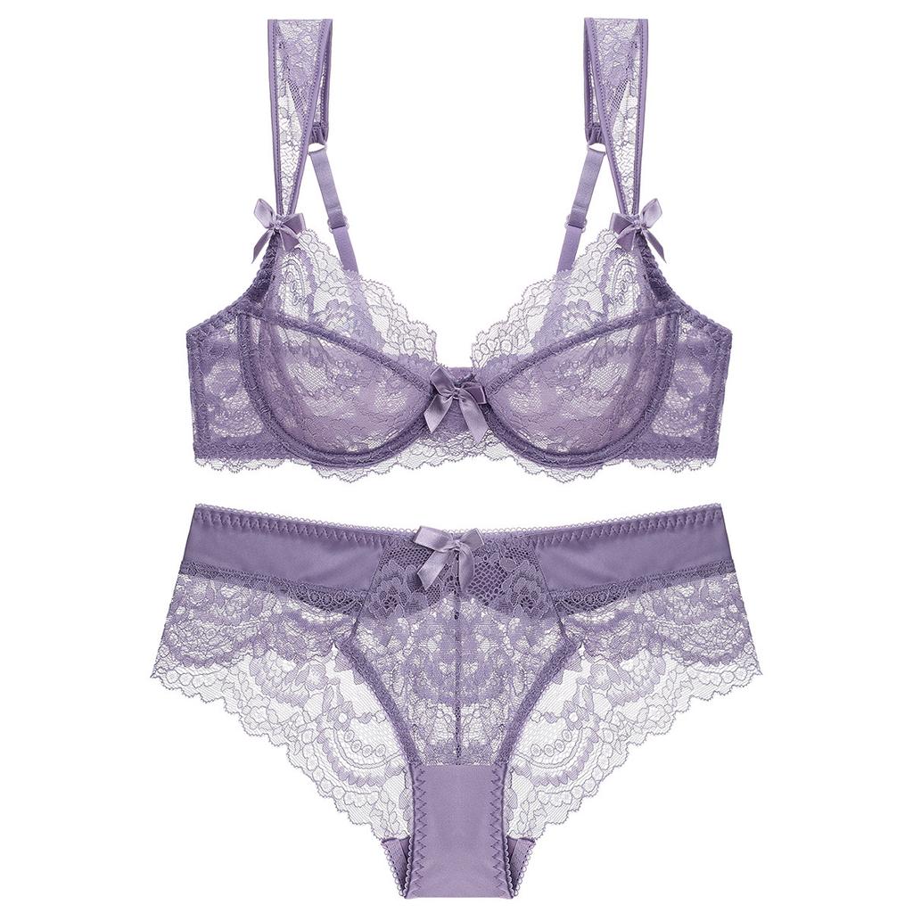 Women Sexy Underwear Set Ultra-thin No Sponge Breathable Lace Bra Large Breasts Show Small Anti-sagging Large Size Bra Set