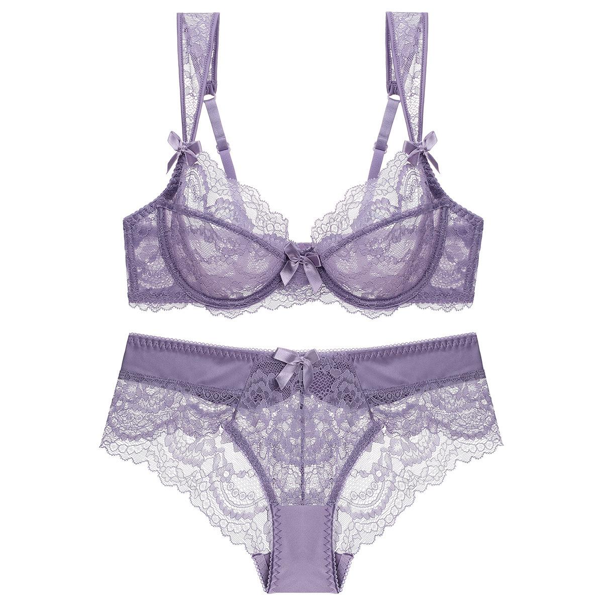 

Женский сексуальный комплект нижнего белья, ультратонкий дышащий кружевной бюстгальтер без губки, большая грудь, маленький непровисающий комплект с бюстгальтером большого размера 75C фиолетовый