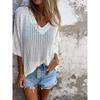 Loose Fit V Neck 3 4 Sleeve Hollow Design Knit Sweater
