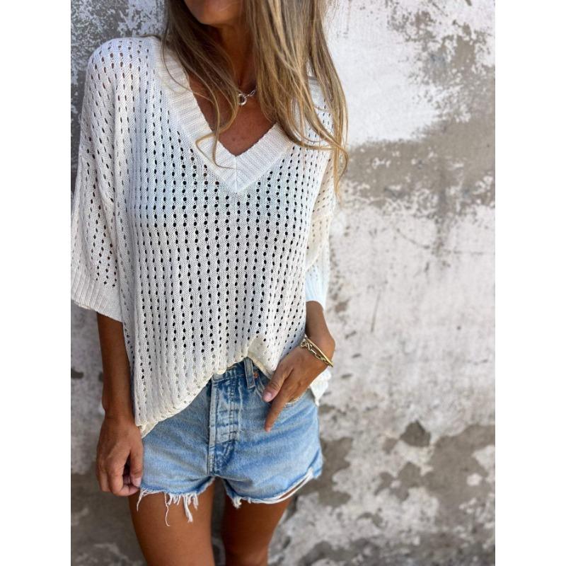 Loose Fit V Neck 3 4 Sleeve Hollow Design Knit Sweater