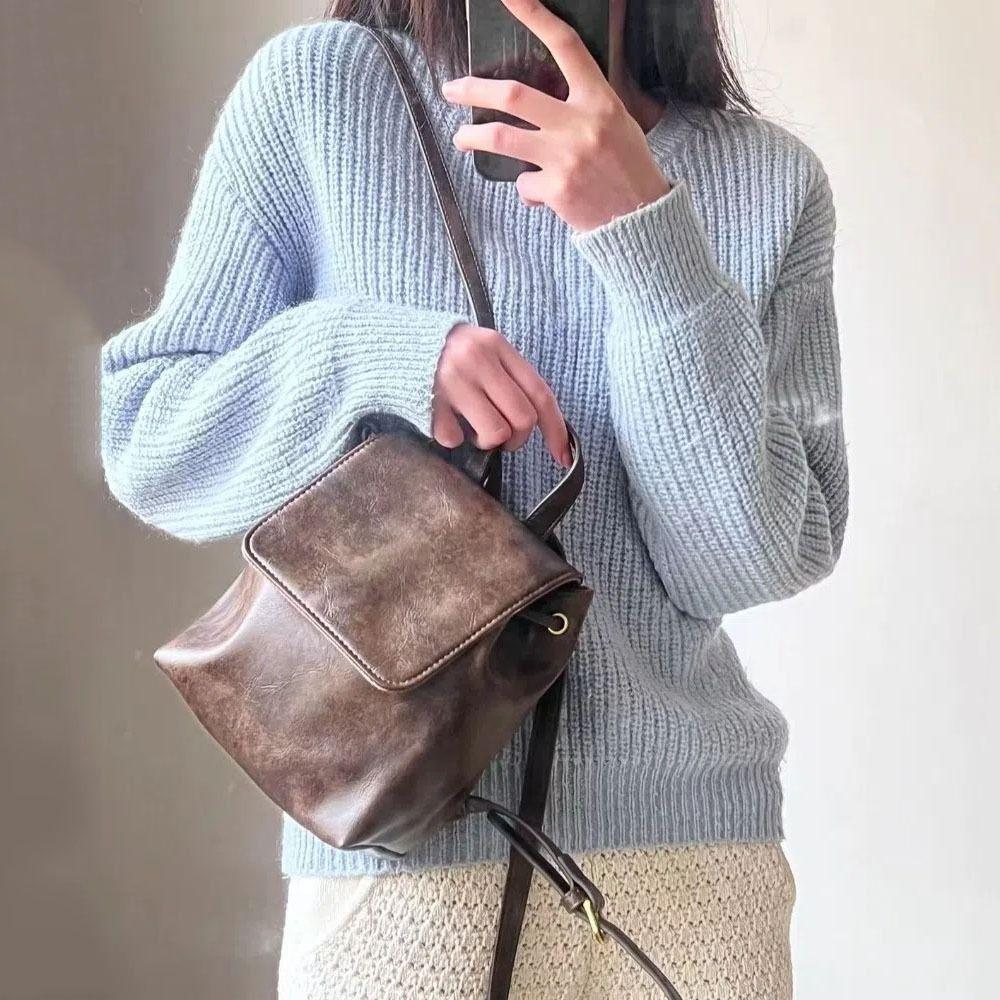 Korean Style School Book Back Solid Color Women Shoulder Bag Drawstring Flap Backpack for Students