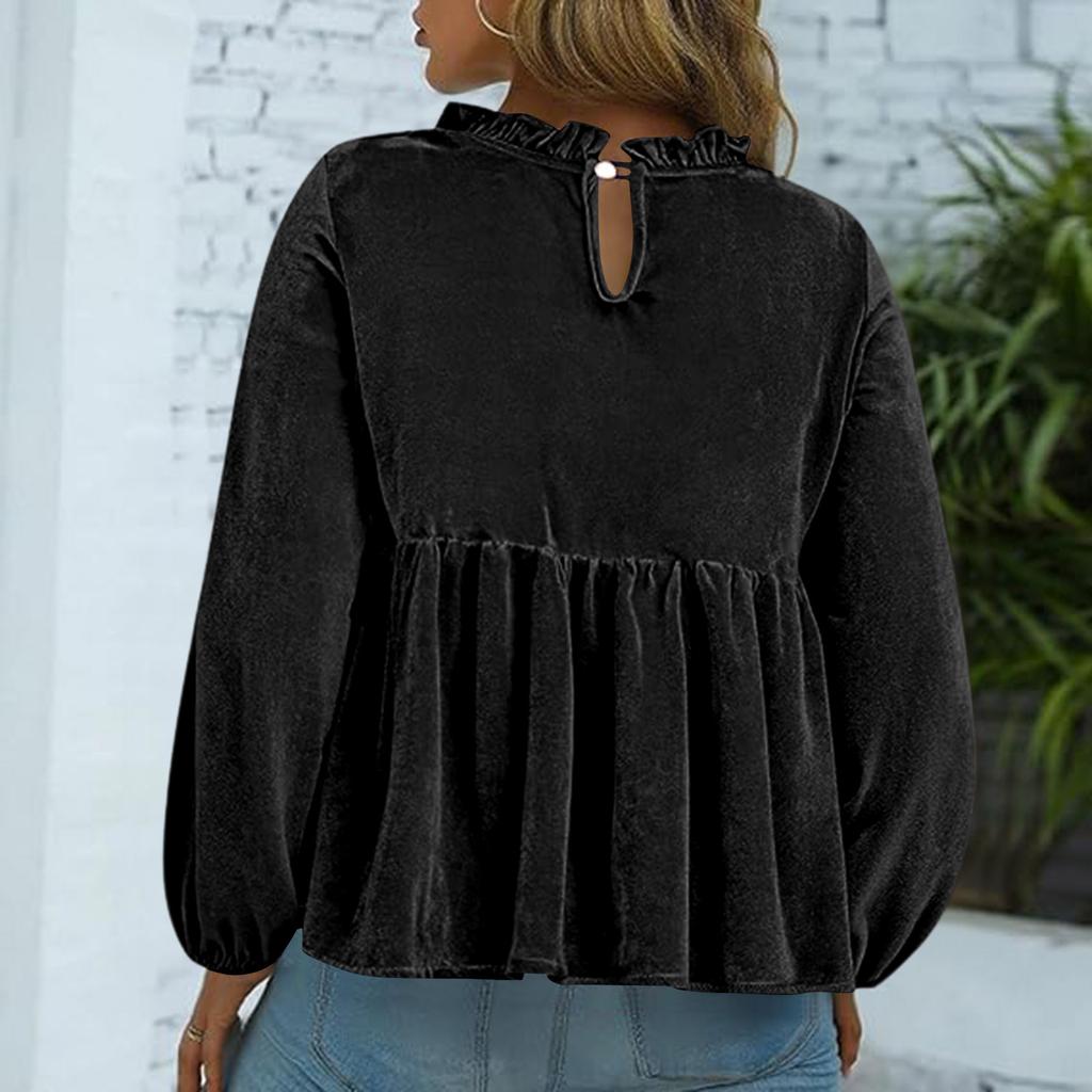 Women Loose Crewneck Babydoll  Long Sleeve Elegant Sleeve Velvet Blouse