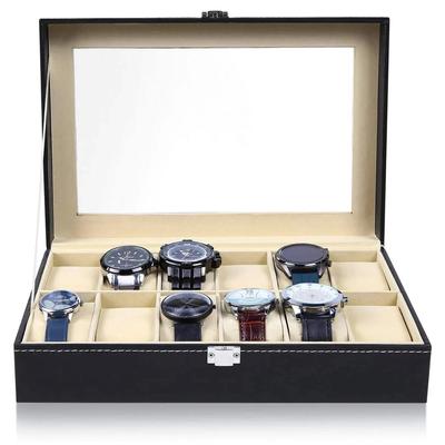 12 Grids Leather Watch Box Display Case Holder Black Storage Box Glass Jewelry Organizer for Men & Women Best Gift