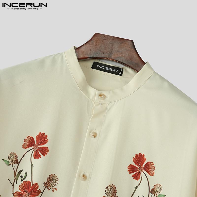 INCERUN Summer Men Collarless Short Sleeve Floral Print Casual Loose Shirts