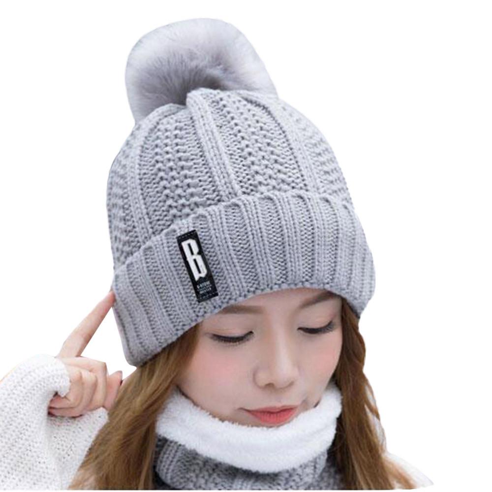  Women Ladies Warm Winter Hairball Plus Velvet  Knitted  Cap+Scarf 