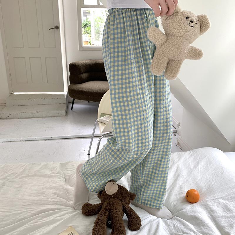 Korea Plaid Trousers Pajama Female Home Walking Leisure Green Loose Wide-legged Sleep Bottoms Casual Elastic Waist Pajama Pants
