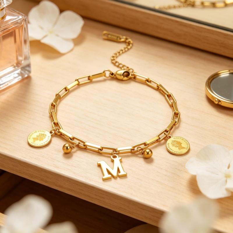 1Pcs Gold Plated Titanium Steel Bracelet With Initial M Charm And Coin Pendants Perfect For Daily Wear Gift For Women