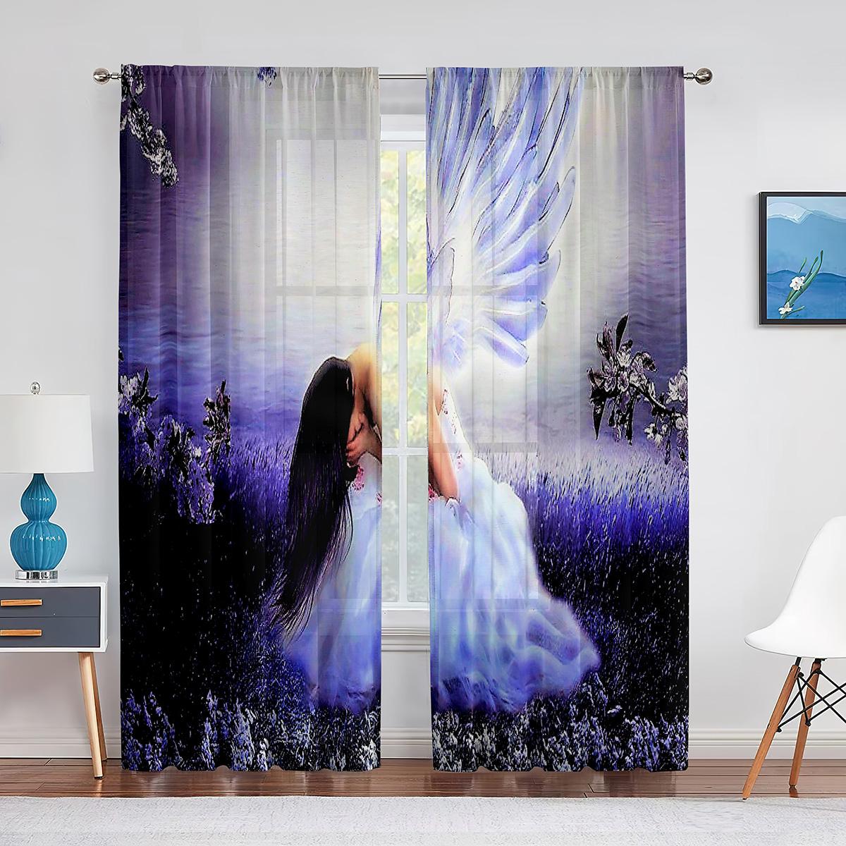 

Мечтательные крылья ангела розовый фиолетовый прозрачная занавеска для гостиной спальни вуаль драпировка кухонное окно тюлевые шторы украшение дома 1 PCS W100XH250cm&Grommet Top
