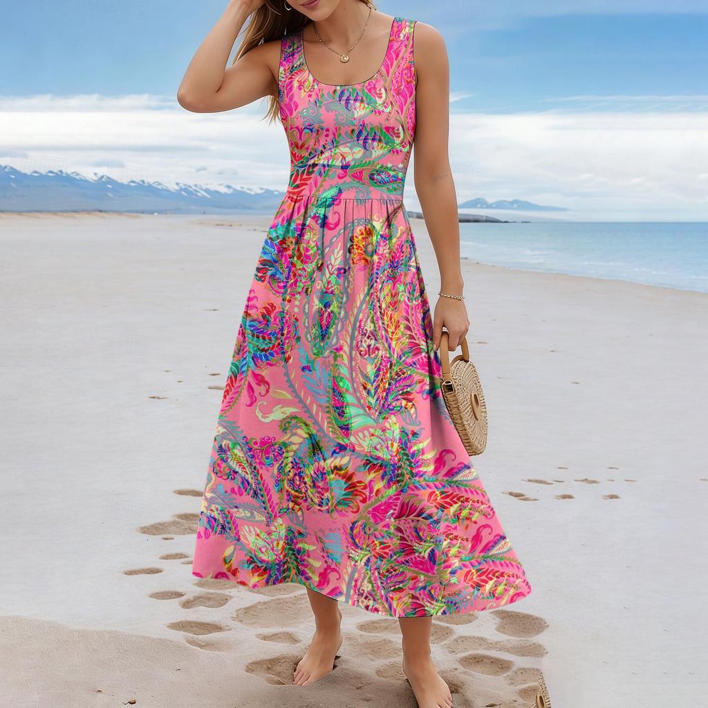 Ladies' floral summer casual and fashionable sleeveless long dress