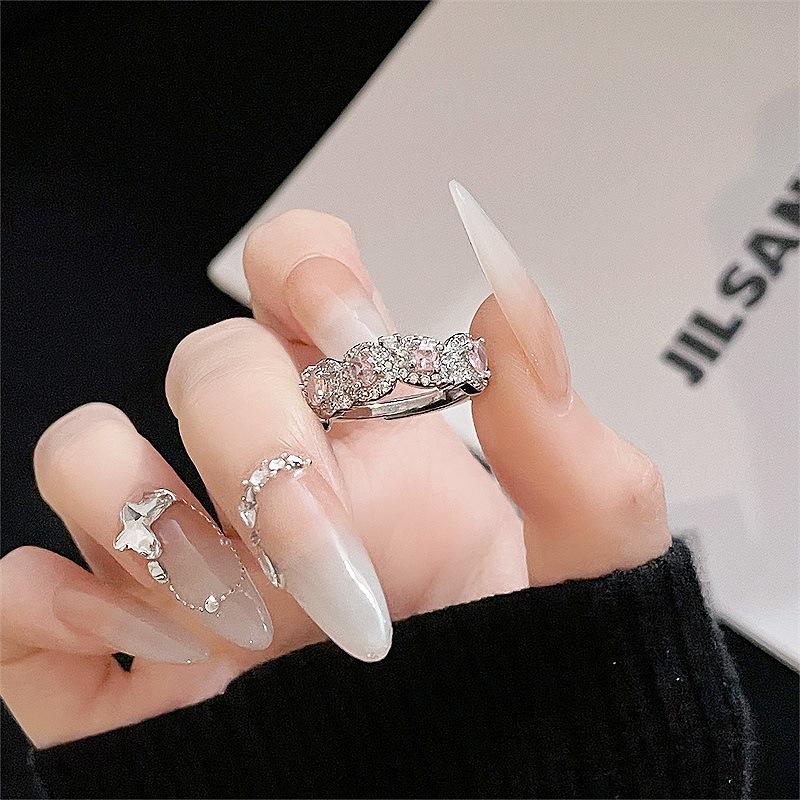 Rosa Zirkon Serie Süßer Super Flash Fee Gas Voll Diamant Öffnungsring Nische Design Schleife Mode Zeigefingerring