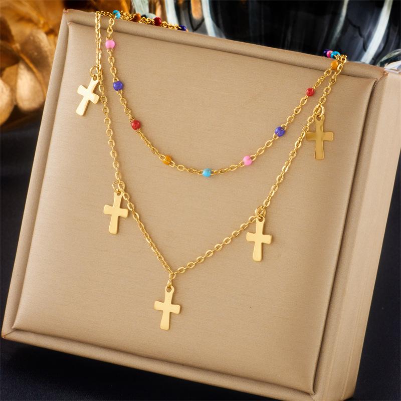 gold cross pendant layered necklace with colorful beads for women
