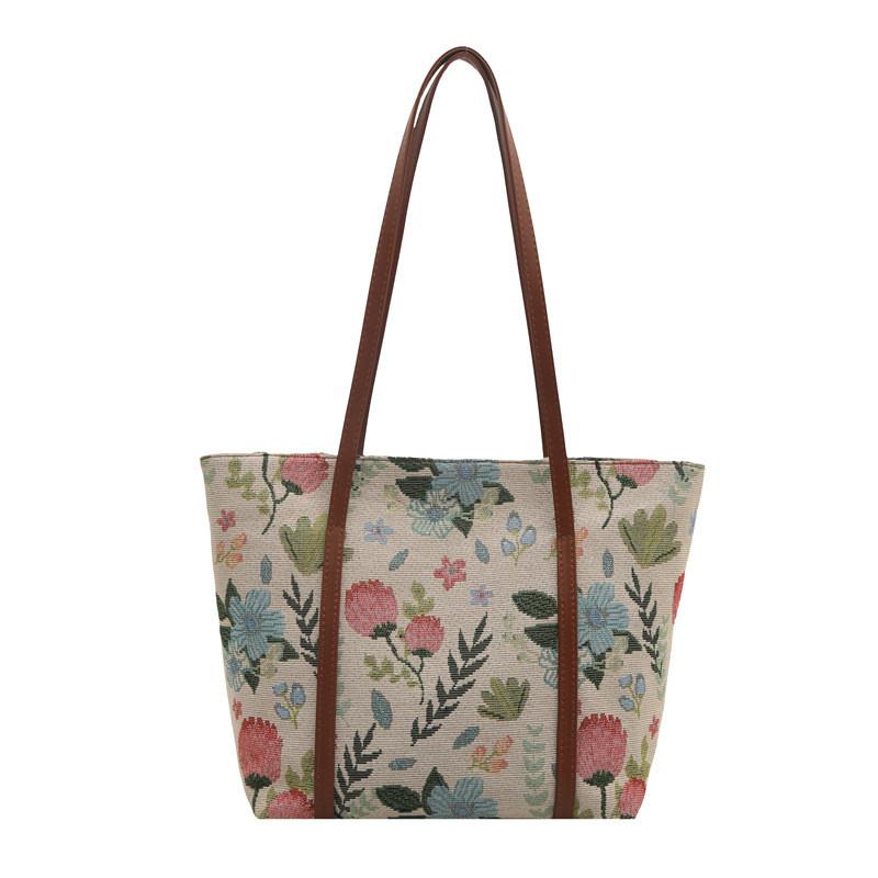 Embroidery Colorful Flower Style Large Capacity Bag For Women With Zipper Closure And Phone Pocket