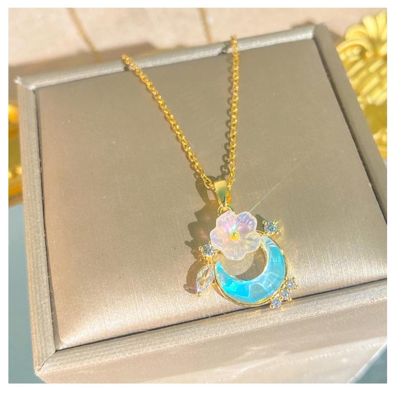 Blue Ocean Moonstone Moon Flower Titanium Steel Zircon Clavicle Necklace For Women