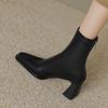 Krazing Pot Microfiber Flock Winter Square Toe Thick High Heels Slip on Stretch Boots Stovepipe Women Ankle Boots