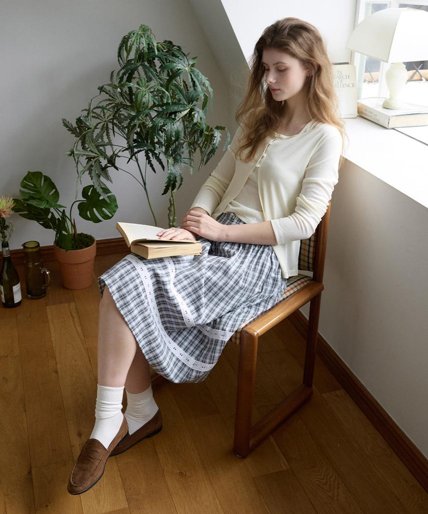 LETTER FROM MOON Cotton Midi Belted Skirt (Blue)