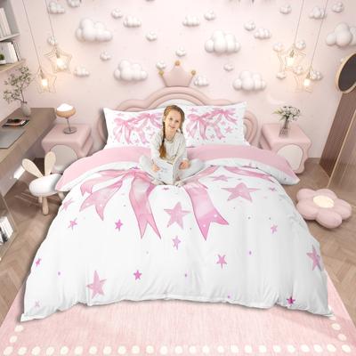 Homewish Cute Bowknot Duvet Cover Set,Kawaii Bowtie Bow Bedding Set,Pink Cartoon Star Bed Set For Girl,Breathable Home Decor
